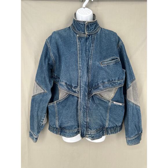 80s Vintage Denim Jacket Women Medium Blue Zip Bomber 90s Jordache Cargo Pockets - Picture 1 of 8